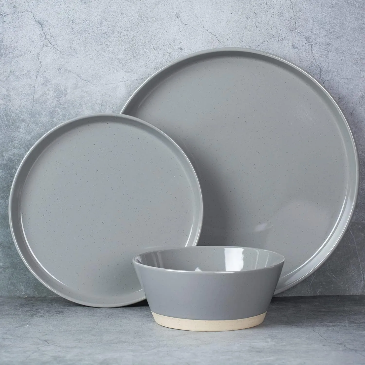 Famiware Saturn Dinnerware Sets, 12 Pieces Dish Set, Plates and Bowls Sets for 4, Dark Gray