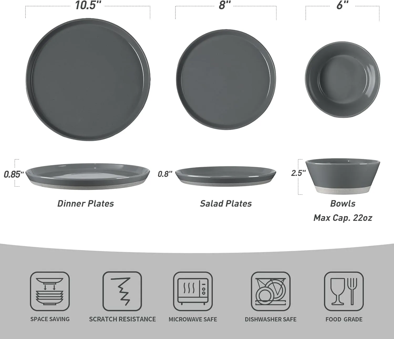 Famiware Saturn Dinnerware Sets, 12 Pieces Dish Set, Plates and Bowls Sets for 4, Dark Gray
