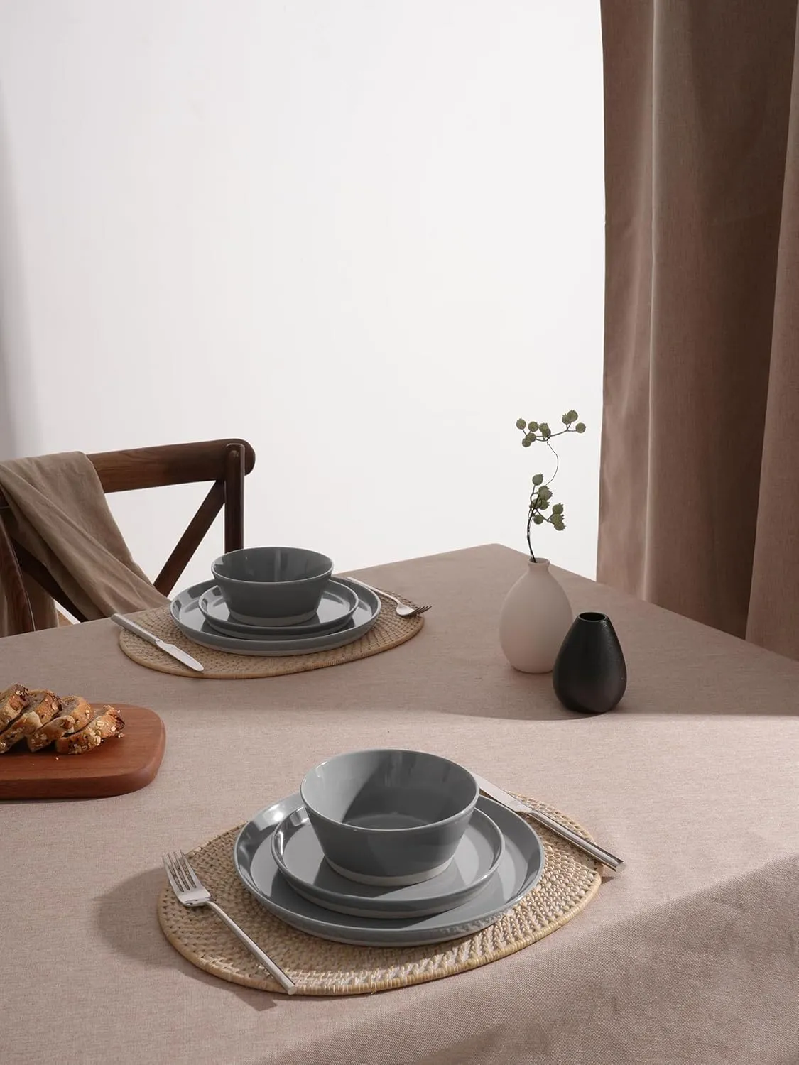 Famiware Saturn Dinnerware Sets, 12 Pieces Dish Set, Plates and Bowls Sets for 4, Dark Gray