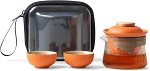 fanquare Ceramic Tea Pot Set for 2 Porcelain Kung Fu Tea Set with Mini Teacups Tea Infuser Portable Handbag for Travel Tea Pot with Wooden Protection Layer, Orange