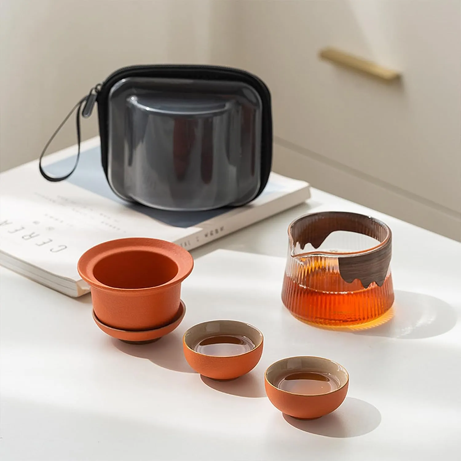fanquare Ceramic Tea Pot Set for 2 Porcelain Kung Fu Tea Set with Mini Teacups Tea Infuser Portable Handbag for Travel Tea Pot with Wooden Protection Layer, Orange