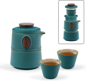 fanquare Travel Ceramic Tea Pot Set, Chinese Kung Fu Teapot, Nesting Tea Set with Pot Infuser 2 Mini Cups 1 Porcelain Teacup and Portable Bag for Picnic Office, Convenient Tea Service, Green