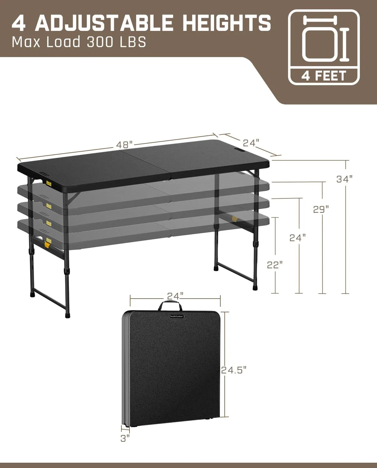 FanttikOutdoor 4ft Portable Folding Table, One-Handed Height Adjustment, 4 Heights, Gravity Lock, Carry Handle, Indoor Outdoor Heavy Duty Fold-in-Half Utility Table, Party, Black Zeta X4 Pro