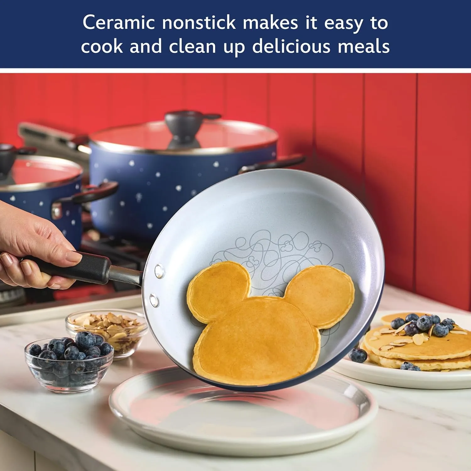 Farberware Disney Bon Voyage Ceramic Nonstick Pots and Pans Set with Baking Sheet/Cookie Pan and Disney Home Kitchen Tools, 8 Piece Non Stick Cookware Set - Blue