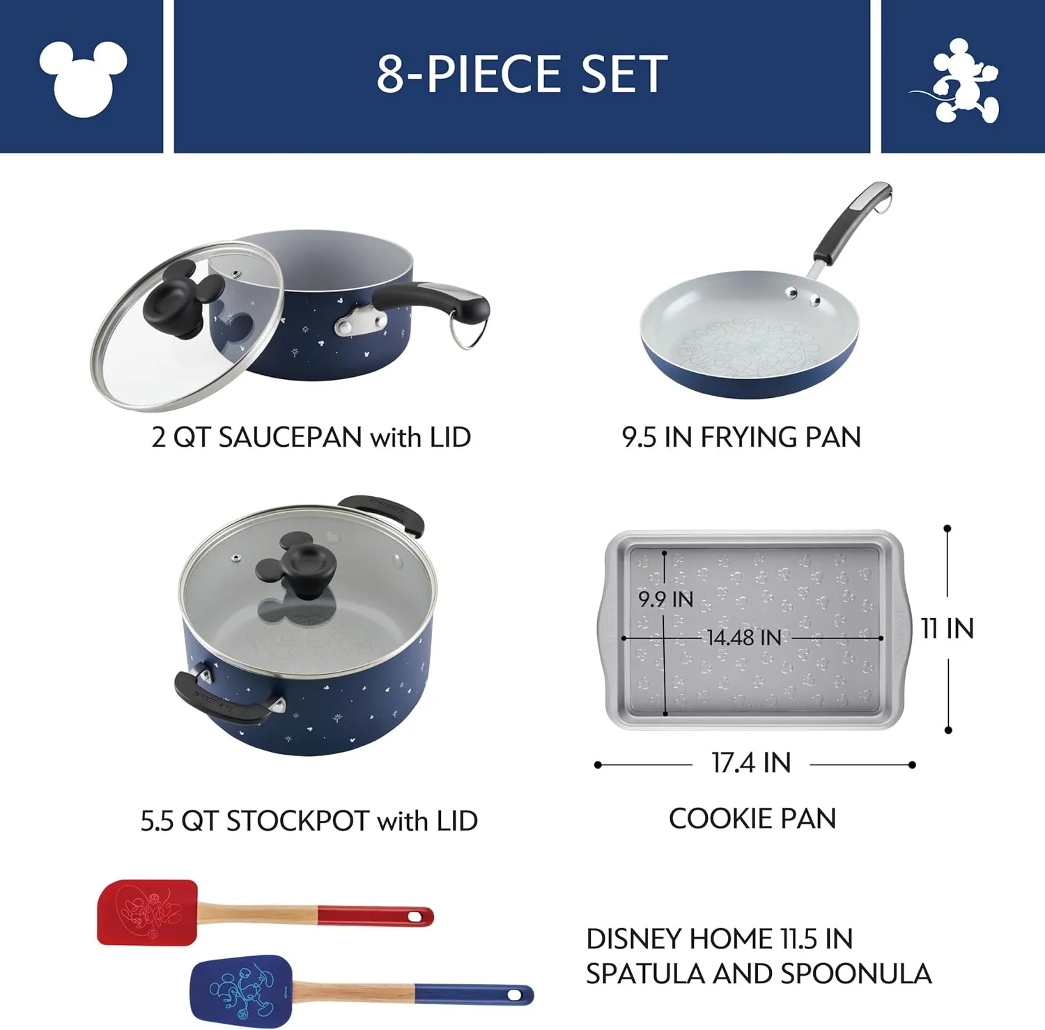 Farberware Disney Bon Voyage Ceramic Nonstick Pots and Pans Set with Baking Sheet/Cookie Pan and Disney Home Kitchen Tools, 8 Piece Non Stick Cookware Set - Blue
