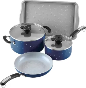 Farberware Disney Bon Voyage Ceramic Nonstick Pots and Pans Set with Baking Sheet/Cookie Pan and Disney Home Kitchen Tools, 8 Piece Non Stick Cookware Set - Blue