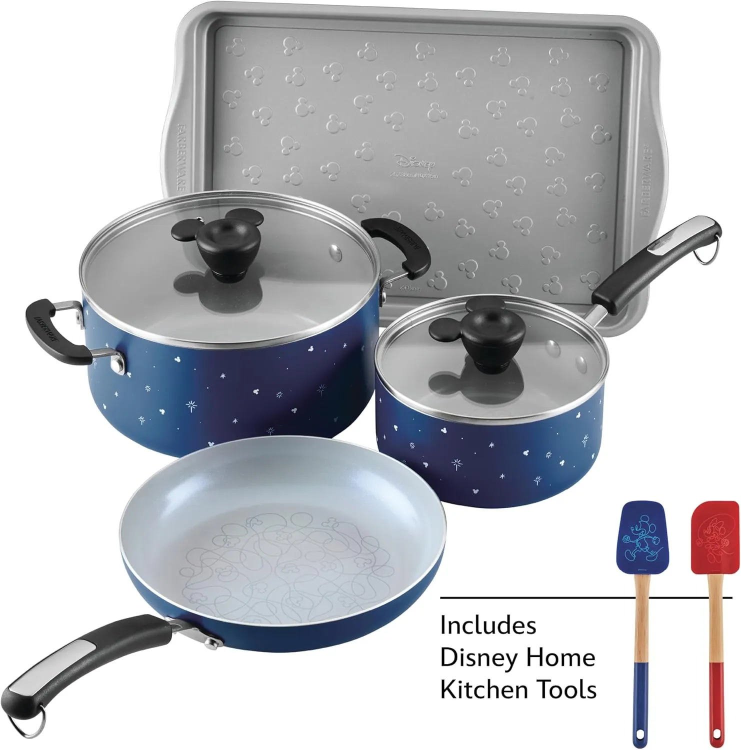 Farberware Disney Bon Voyage Ceramic Nonstick Pots and Pans Set with Baking Sheet/Cookie Pan and Disney Home Kitchen Tools, 8 Piece Non Stick Cookware Set - Blue