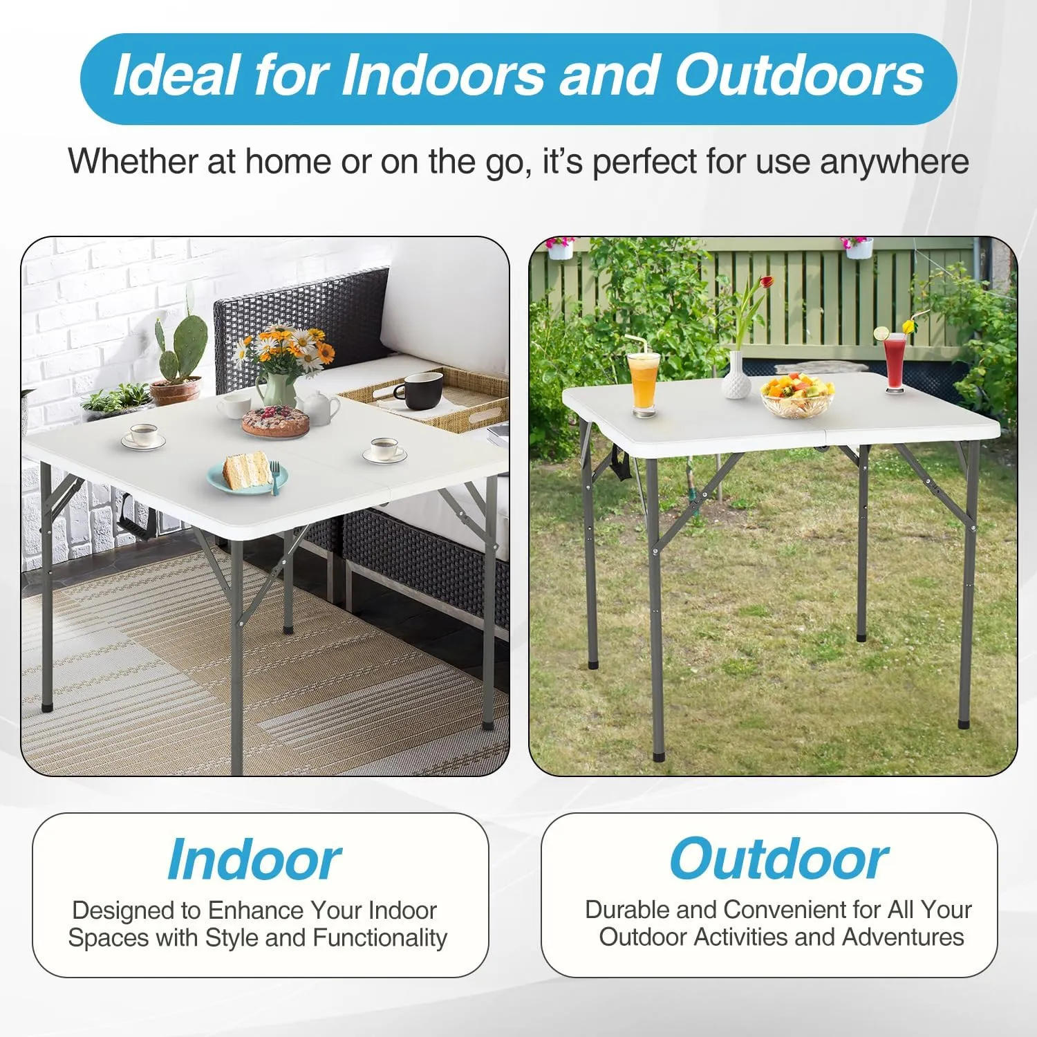 FDW 34" Folding Card Table Plastic Table Portable Square Height Dining Table Perfect for Party and Parties Backyard Events, White