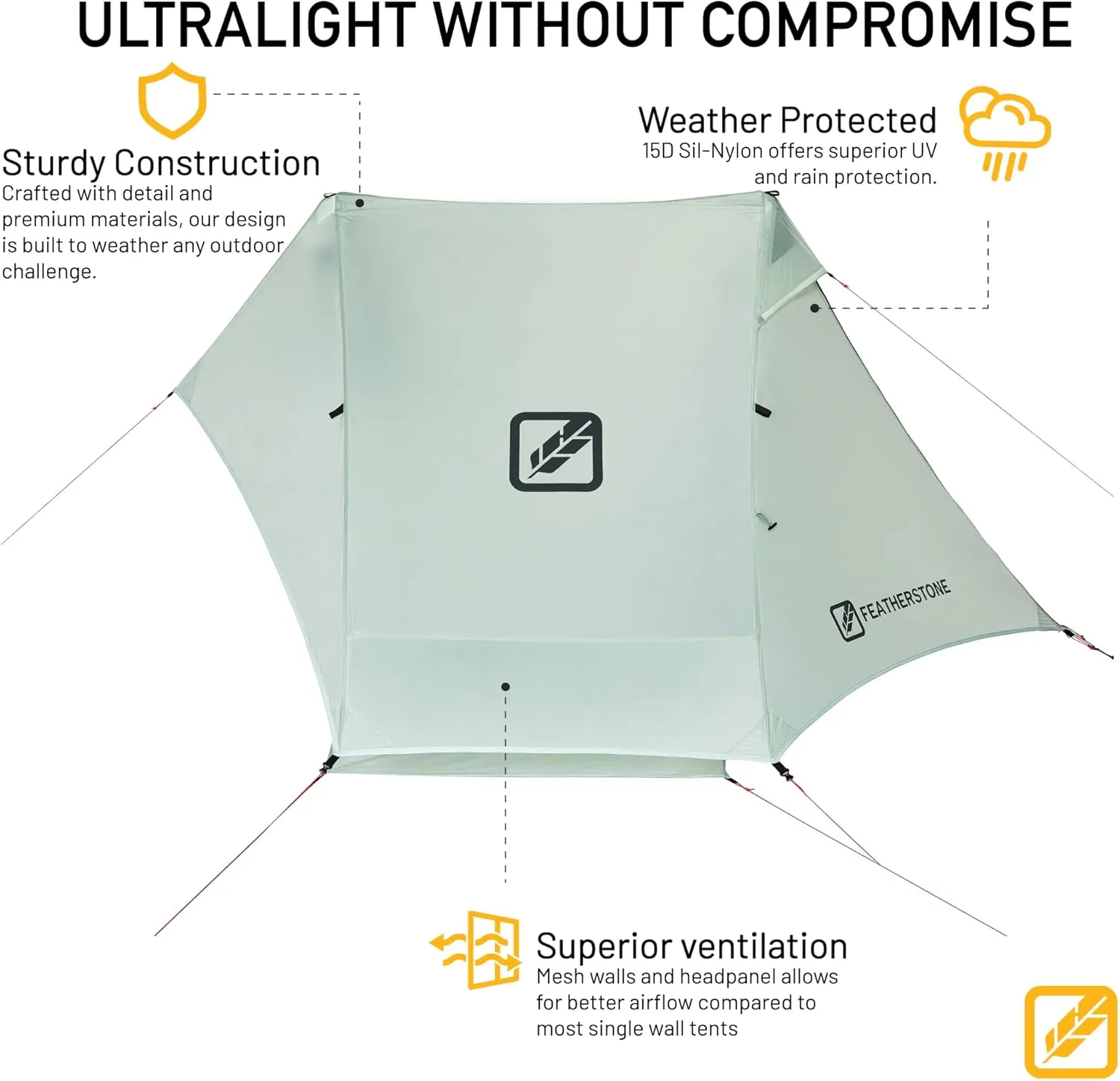 Featherstone Backbone Ultralight Tent for Backpacking, Camping, Thru Hiking - Trekking Pole Backpacking Tent - Waterproof, Single-Wall, Durable Shelter - Compact, Light, & Easy to Carry
