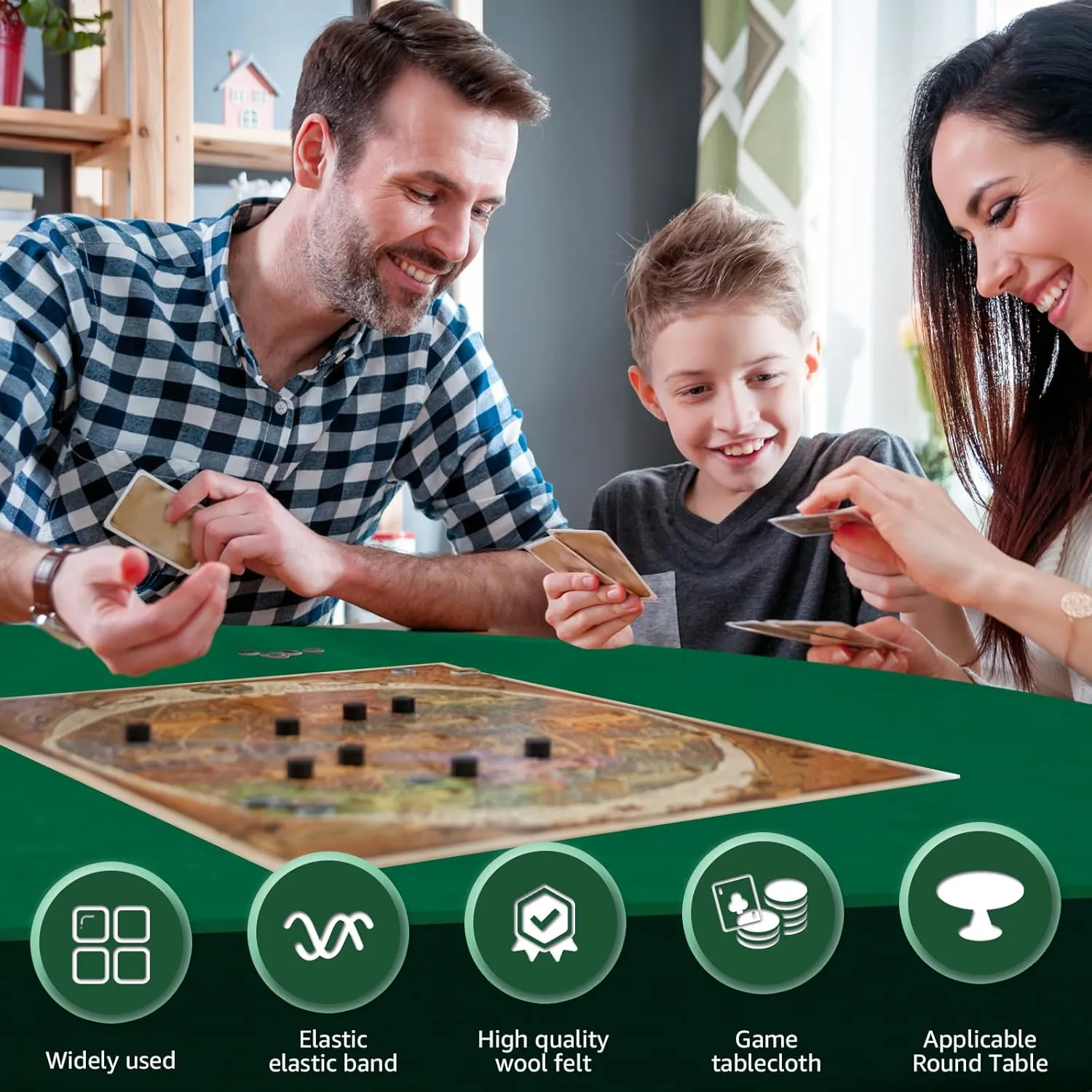 Felt Card Table Game Cover,36.2 Inch Round Tablecloth,Game Table Topper Mat Fit 36-48 Inch,Elastic Foldable Poker Table Cover Protector for Card Games, Mahjong, Board Games, Dice Games, and More