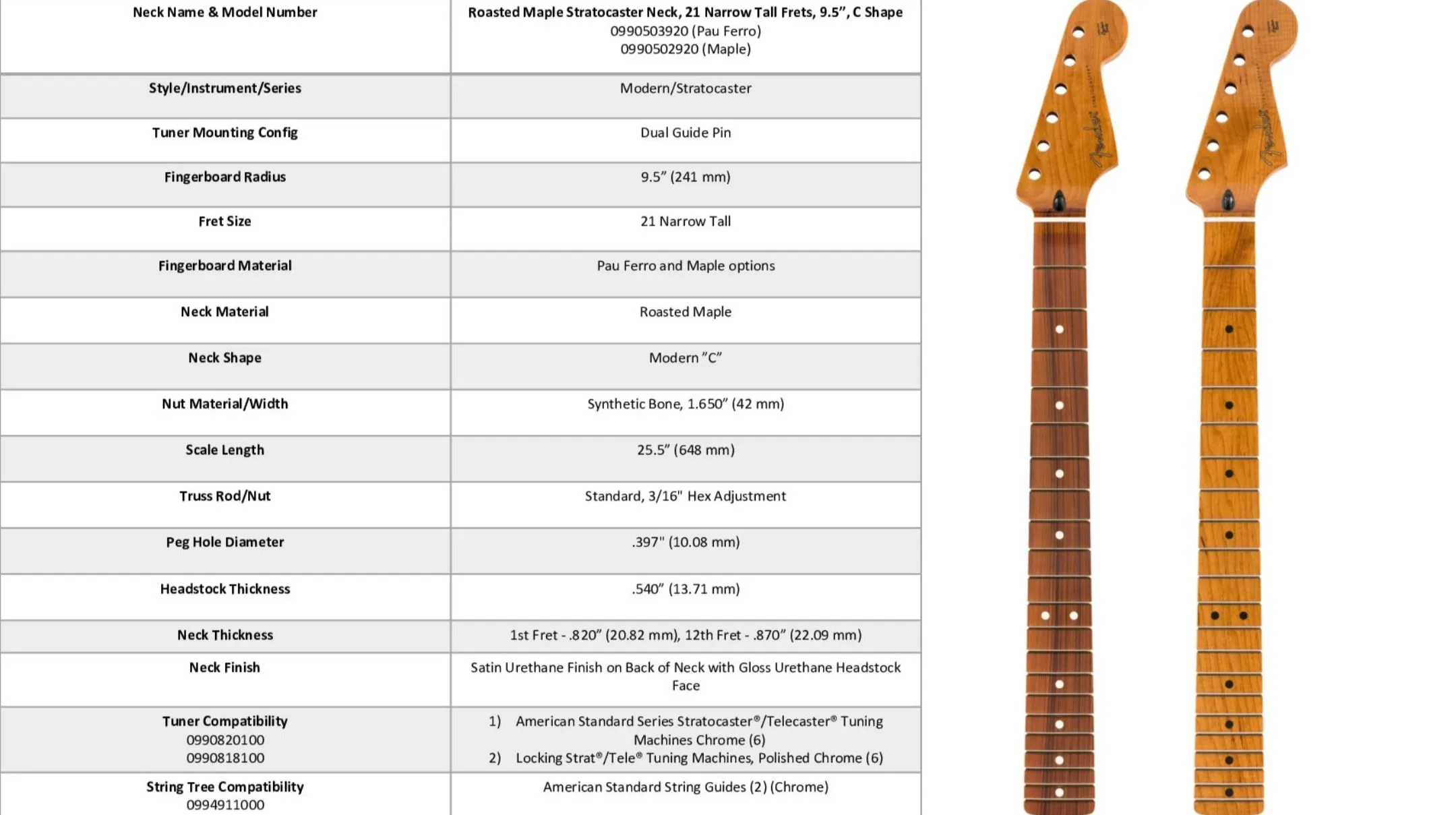 Fender ROASTED MAPLE STRATOCASTER® NECK, 21 NARROW TALL FRETS, 9.5″, PAU FERRO, C SHAPE