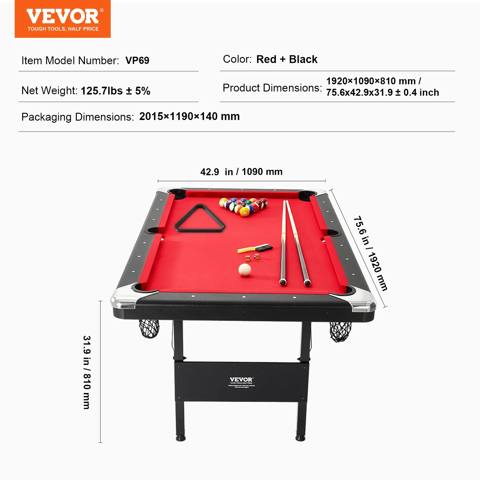 (FINAL PRICES ARE LOWER ON OUR SITE!) VEVOR Billiards Table, 6.3 ft Pool Table, Portable Foldable Space-Saving Table, Billiard Table Set Includes Balls, Cues, Chalks and Brush, Black with Red Cloth, Perfect for Family Game Room Kid Adult