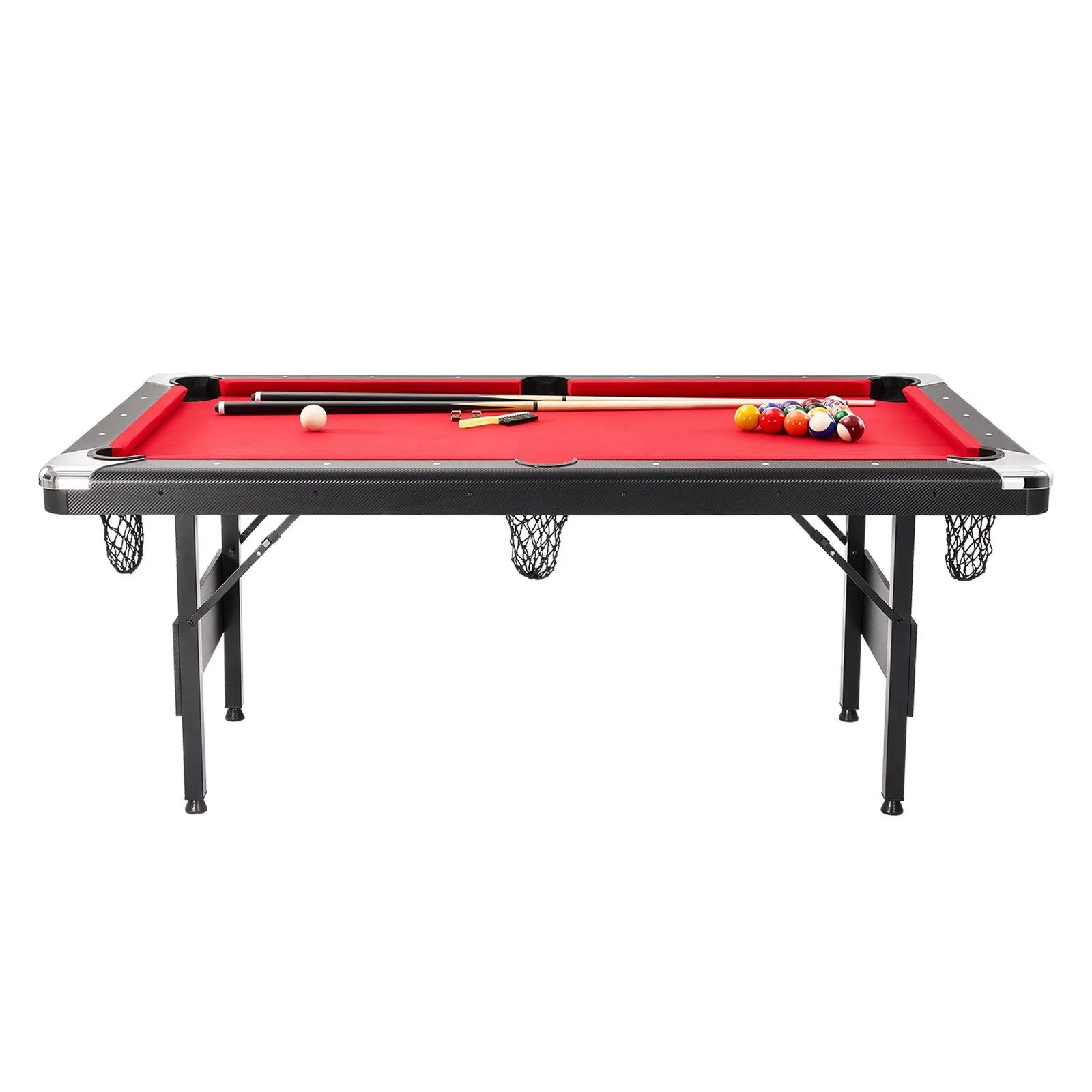 (FINAL PRICES ARE LOWER ON OUR SITE!) VEVOR Billiards Table, 6.3 ft Pool Table, Portable Foldable Space-Saving Table, Billiard Table Set Includes Balls, Cues, Chalks and Brush, Black with Red Cloth, Perfect for Family Game Room Kid Adult