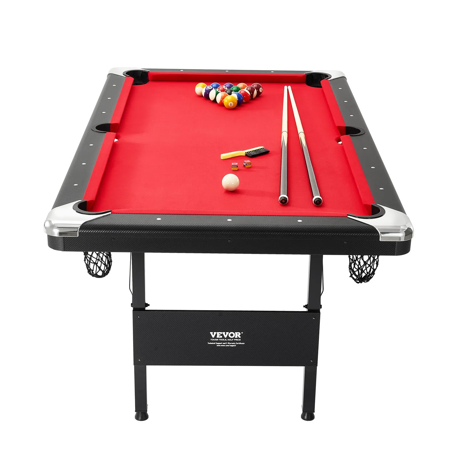 (FINAL PRICES ARE LOWER ON OUR SITE!) VEVOR Billiards Table, 6.3 ft Pool Table, Portable Foldable Space-Saving Table, Billiard Table Set Includes Balls, Cues, Chalks and Brush, Black with Red Cloth, Perfect for Family Game Room Kid Adult