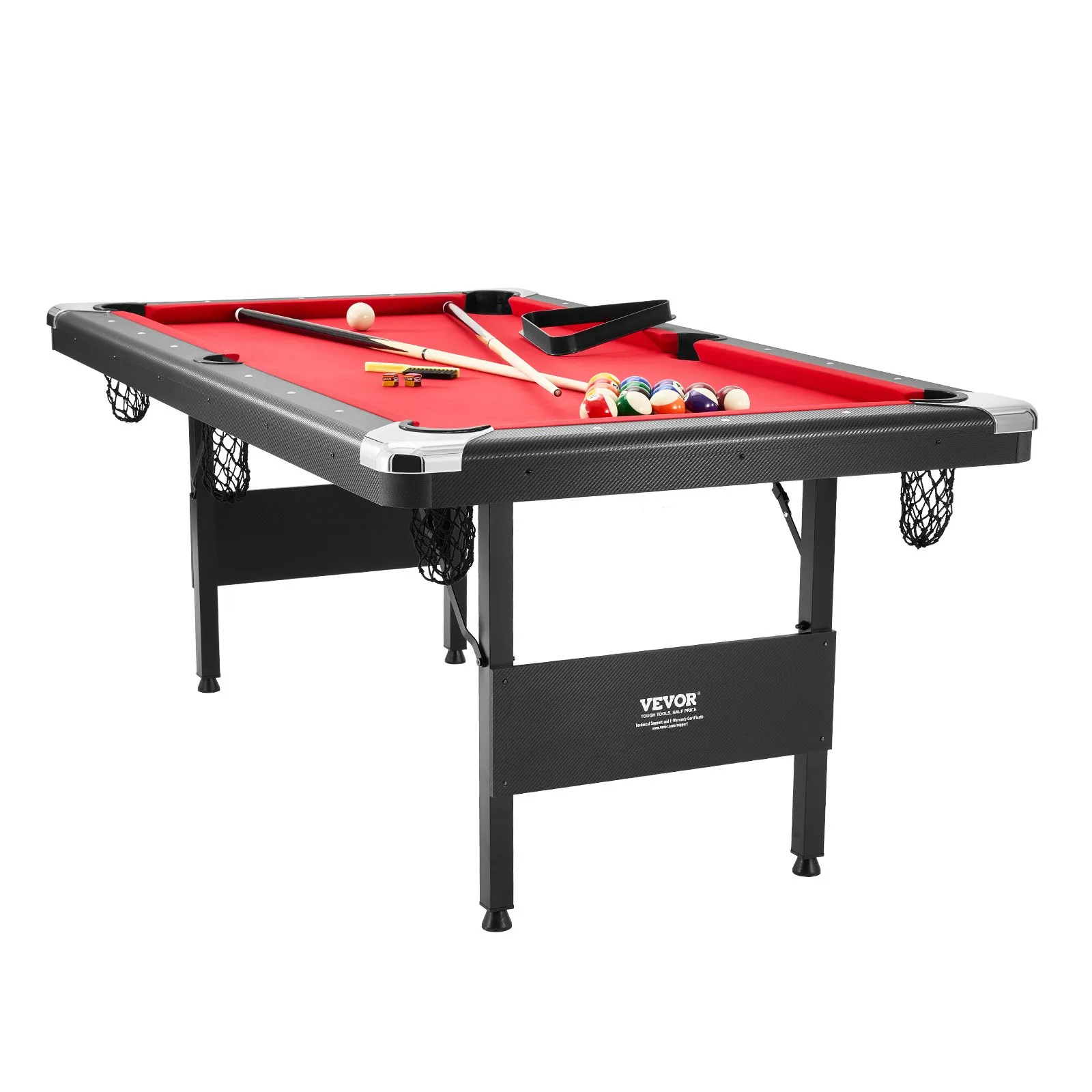 (FINAL PRICES ARE LOWER ON OUR SITE!) VEVOR Billiards Table, 6.3 ft Pool Table, Portable Foldable Space-Saving Table, Billiard Table Set Includes Balls, Cues, Chalks and Brush, Black with Red Cloth, Perfect for Family Game Room Kid Adult