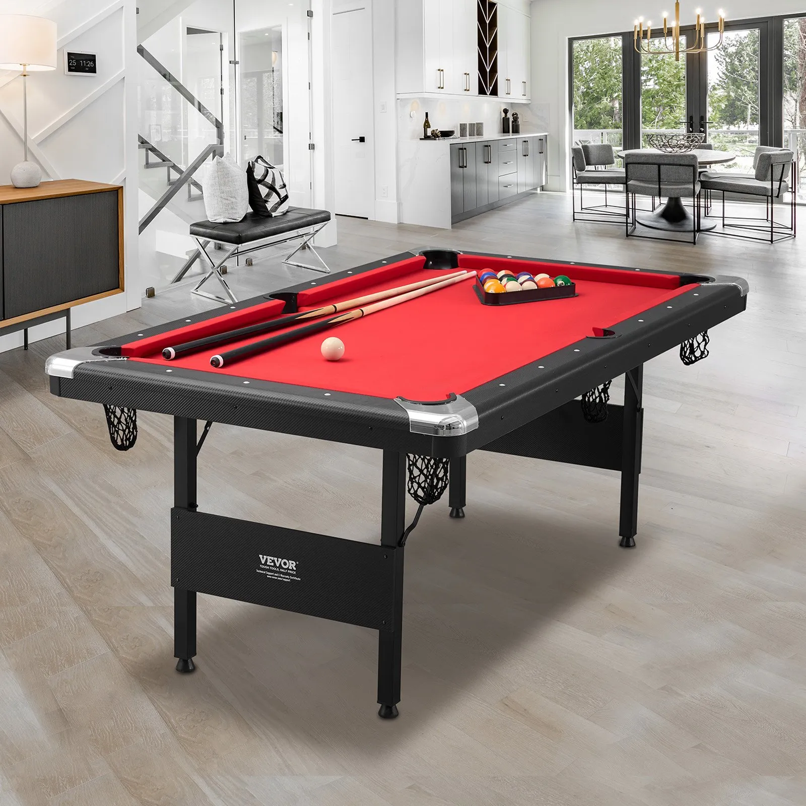 (FINAL PRICES ARE LOWER ON OUR SITE!) VEVOR Billiards Table, 6.3 ft Pool Table, Portable Foldable Space-Saving Table, Billiard Table Set Includes Balls, Cues, Chalks and Brush, Black with Red Cloth, Perfect for Family Game Room Kid Adult