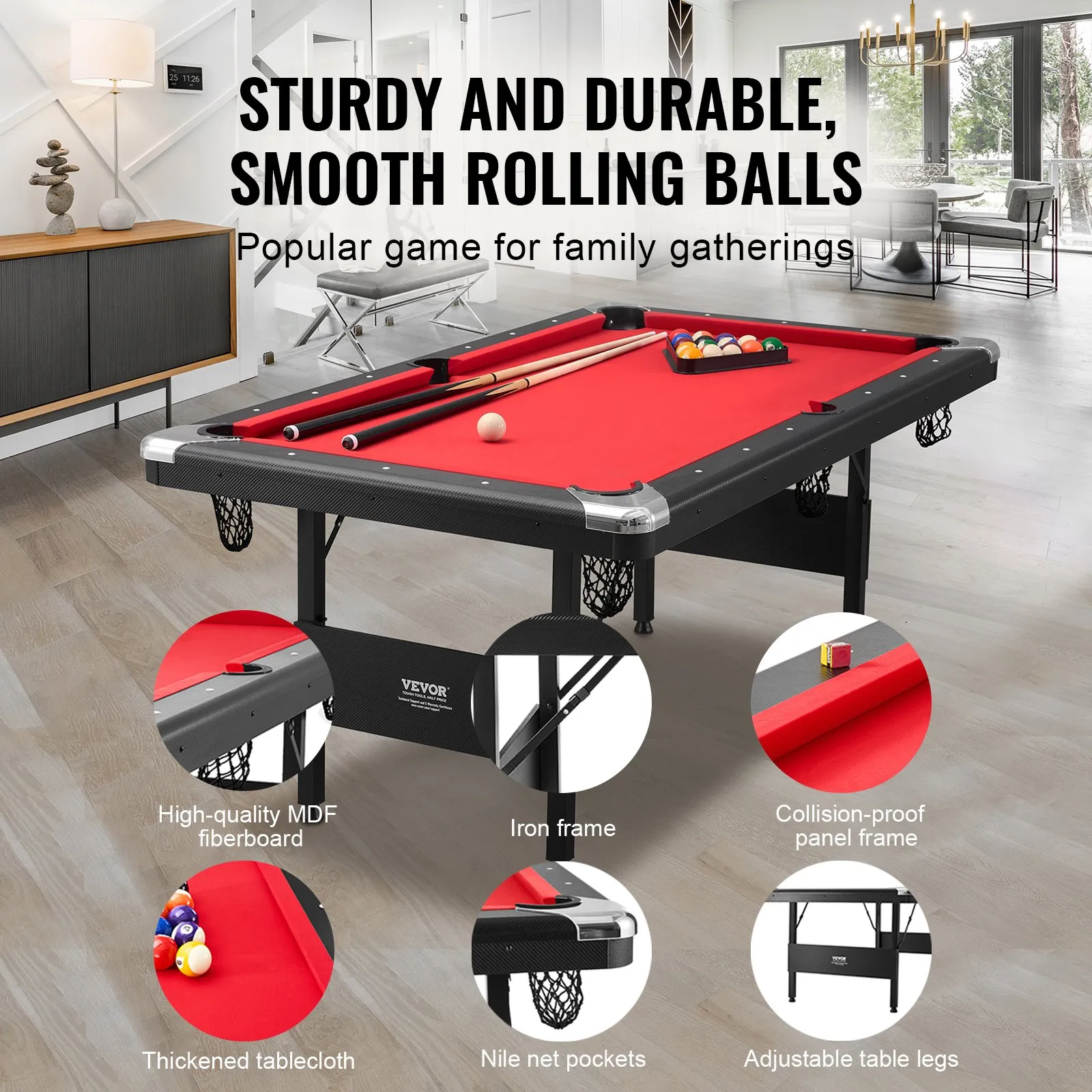 (FINAL PRICES ARE LOWER ON OUR SITE!) VEVOR Billiards Table, 6.3 ft Pool Table, Portable Foldable Space-Saving Table, Billiard Table Set Includes Balls, Cues, Chalks and Brush, Black with Red Cloth, Perfect for Family Game Room Kid Adult