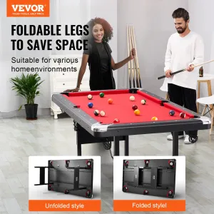 (FINAL PRICES ARE LOWER ON OUR SITE!) VEVOR Billiards Table, 6.3 ft Pool Table, Portable Foldable Space-Saving Table, Billiard Table Set Includes Balls, Cues, Chalks and Brush, Black with Red Cloth, Perfect for Family Game Room Kid Adult