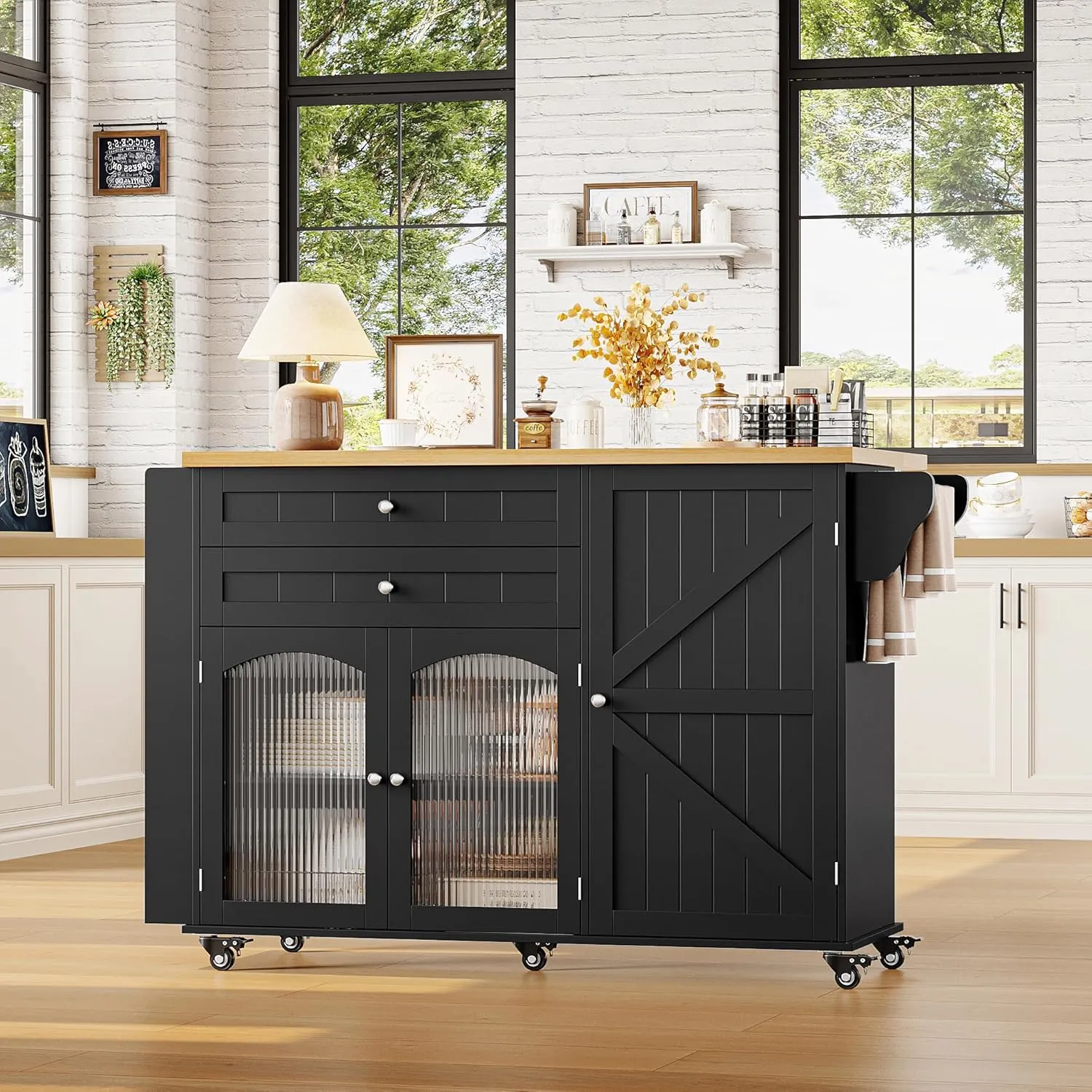 FINETONES Kitchen Island with Storage, Rolling Kitchen Island on Wheels with Wood Drop Leaf Countertop, Island Table Bar Cart with Spice Towel Rack Portable Kitchen Table Kitchen Carts on Wheels