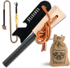 Fire Starter Survival Tool - Ferro Rod Fire Starter Kit with Hemp Cord Tinder and Wooden Handle – 15,000 Strikes - Magnesium Firestarter Outdoor Gear for Camping, Hiking, and Emergencies
