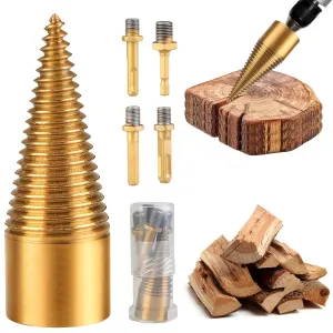 Firewood Drill Bit Set with 4 Handles, Detachable Fire Wood Splitter Drill Bit, Wood Splitting Drill Bit Cones Wood Log Splitter Drill Bit for Electric Drill Machine (32mm)