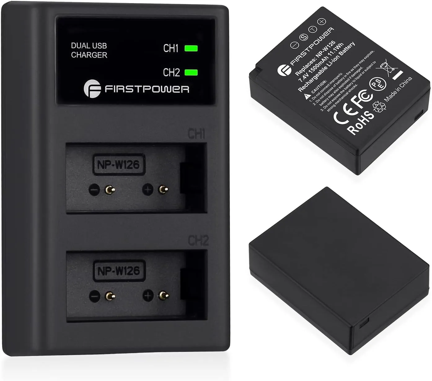 FirstPower NP-W126 NP-W126S Battery (2-Pack) and USB Dual Charger for Fujifilm X100V, X100F, X-A5, X-A10, X-E4, X-Pro2, X-Pro3, X-T1, X-T2, X-T3, X-T10, X-T20, X-T30, X-T30 II, X-T100, X-T200 FinePix