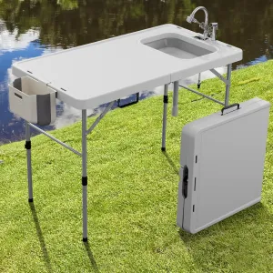 Fish Cleaning Table with Sink 50" Width Bi-Folding Portable Camping Sink with Stainless Sprayer Outdoor Fillet Station with Fish Cleaning Kit for Picnic, Patio