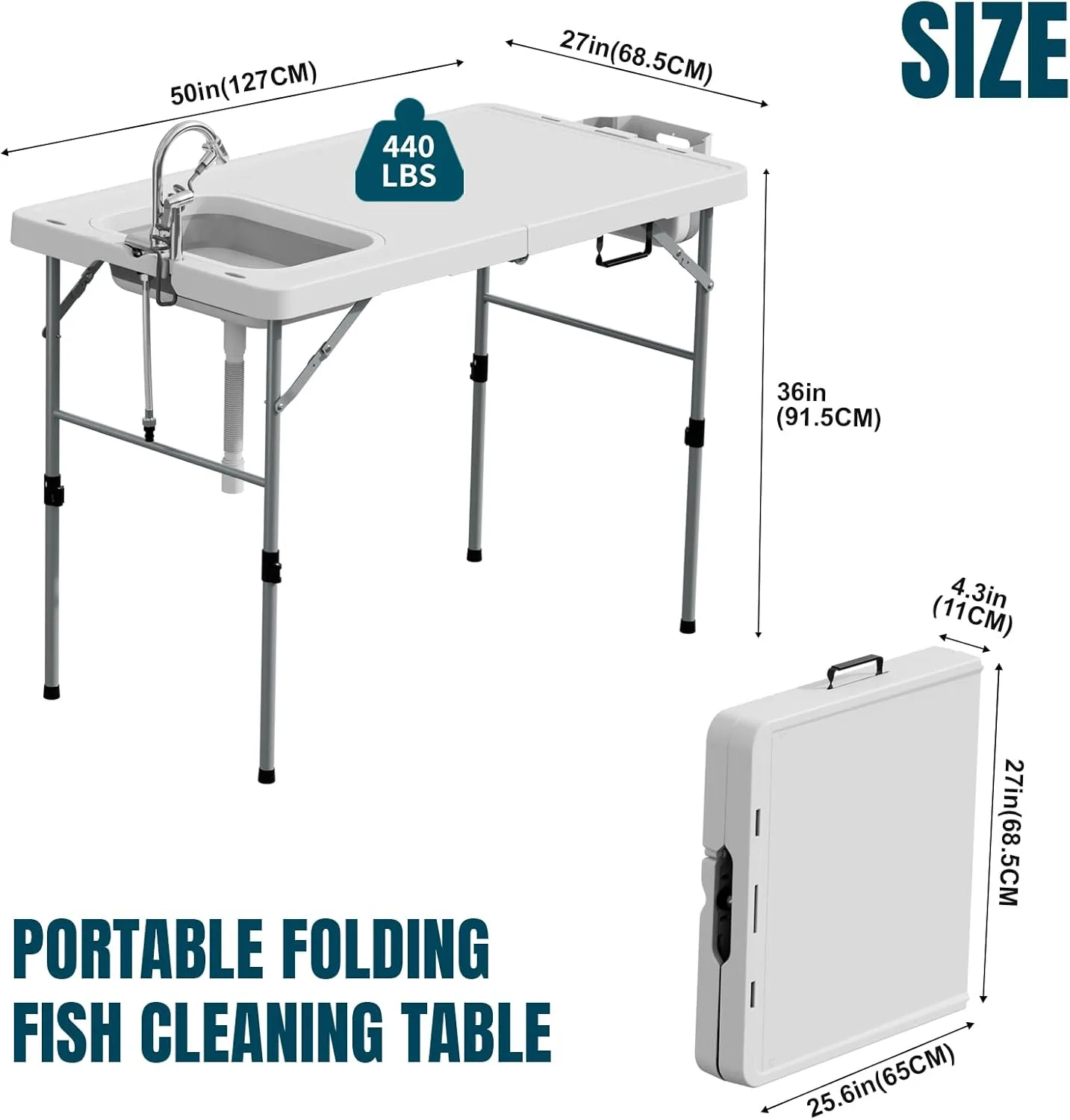 Fish Cleaning Table with Sink 50" Width Bi-Folding Portable Camping Sink with Stainless Sprayer Outdoor Fillet Station with Fish Cleaning Kit for Picnic, Patio