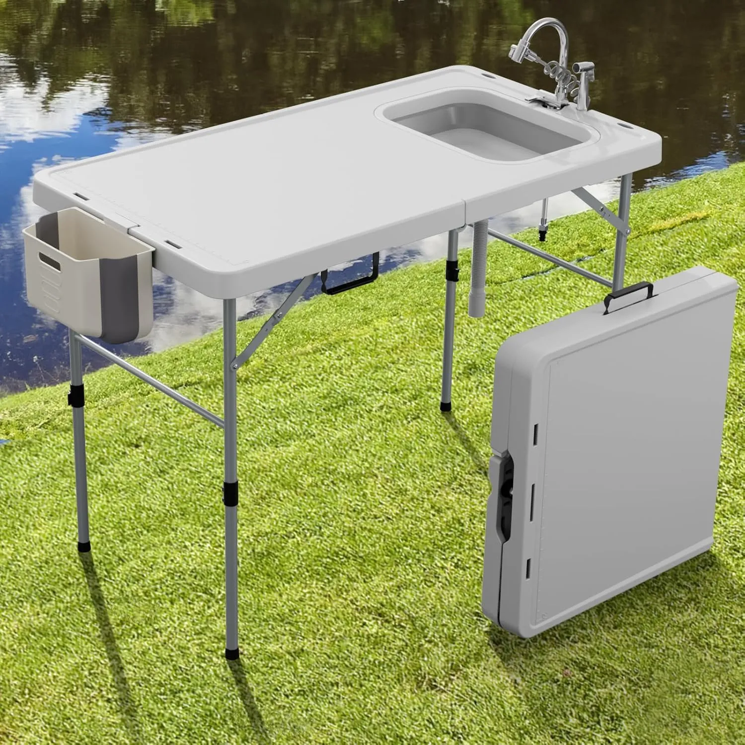 Fish Cleaning Table with Sink 50" Width Bi-Folding Portable Camping Sink with Stainless Sprayer Outdoor Fillet Station with Fish Cleaning Kit for Picnic, Patio