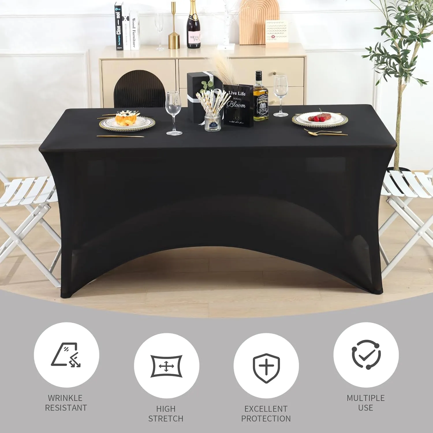 Fixwal 6 Pack Black Table Cloths Rectangle 8FT, Spandex Table Covers, Table Cloths for 8 Foot Rectangle Tables, Fitted Tablecloth (96L x 30W x 30H Inch)