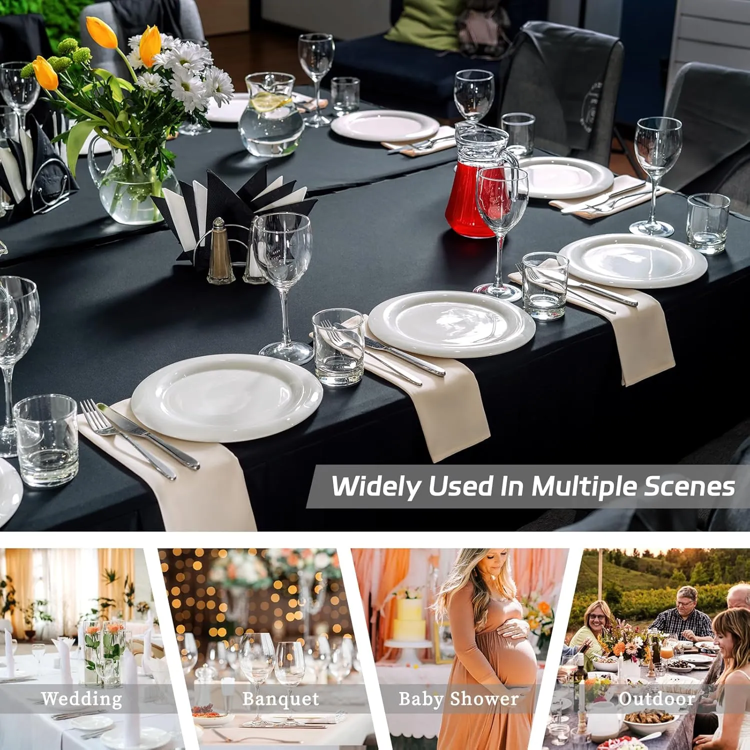 Fixwal 6 Pack Black Table Cloths Rectangle 8FT, Spandex Table Covers, Table Cloths for 8 Foot Rectangle Tables, Fitted Tablecloth (96L x 30W x 30H Inch)