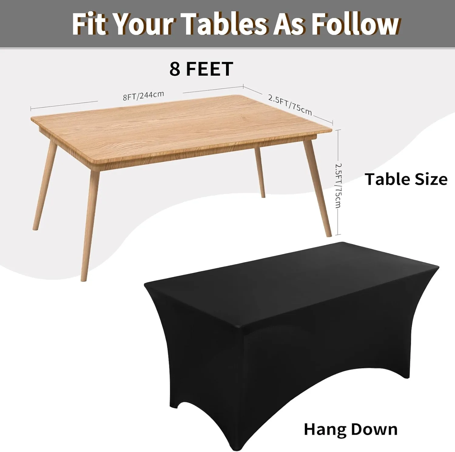 Fixwal 6 Pack Black Table Cloths Rectangle 8FT, Spandex Table Covers, Table Cloths for 8 Foot Rectangle Tables, Fitted Tablecloth (96L x 30W x 30H Inch)