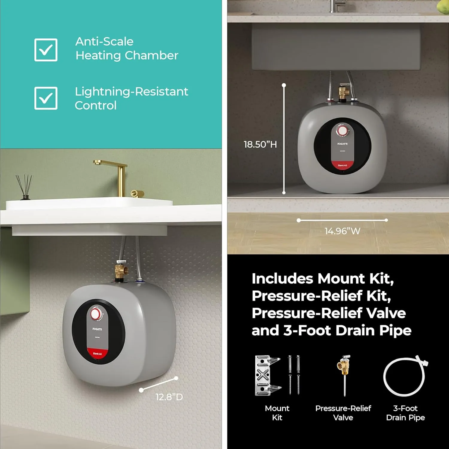 FOGATTI Electric Mini Tank Water Heater, 4.0 Gallon Point of Use Instant Hot Water Heater 120V 1440W, Food Truck Water Heater, Under Sink, Wall or Floor Mounted, Easy to Install