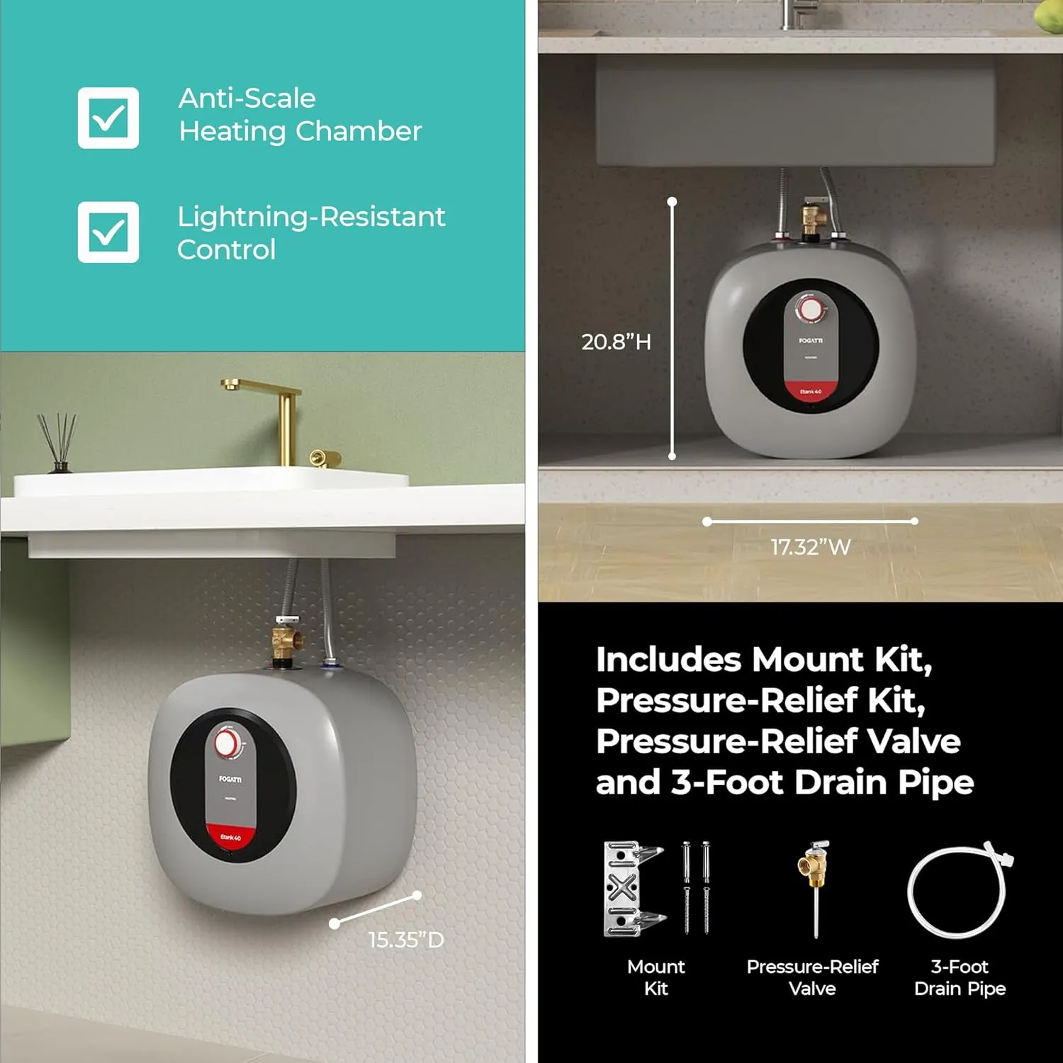 FOGATTI Electric Tank Water Heater, 8.0 Gallon Point of Use Instant Hot Water Heater 120V 1440W, Wall or Floor Mounted, Easy to Install