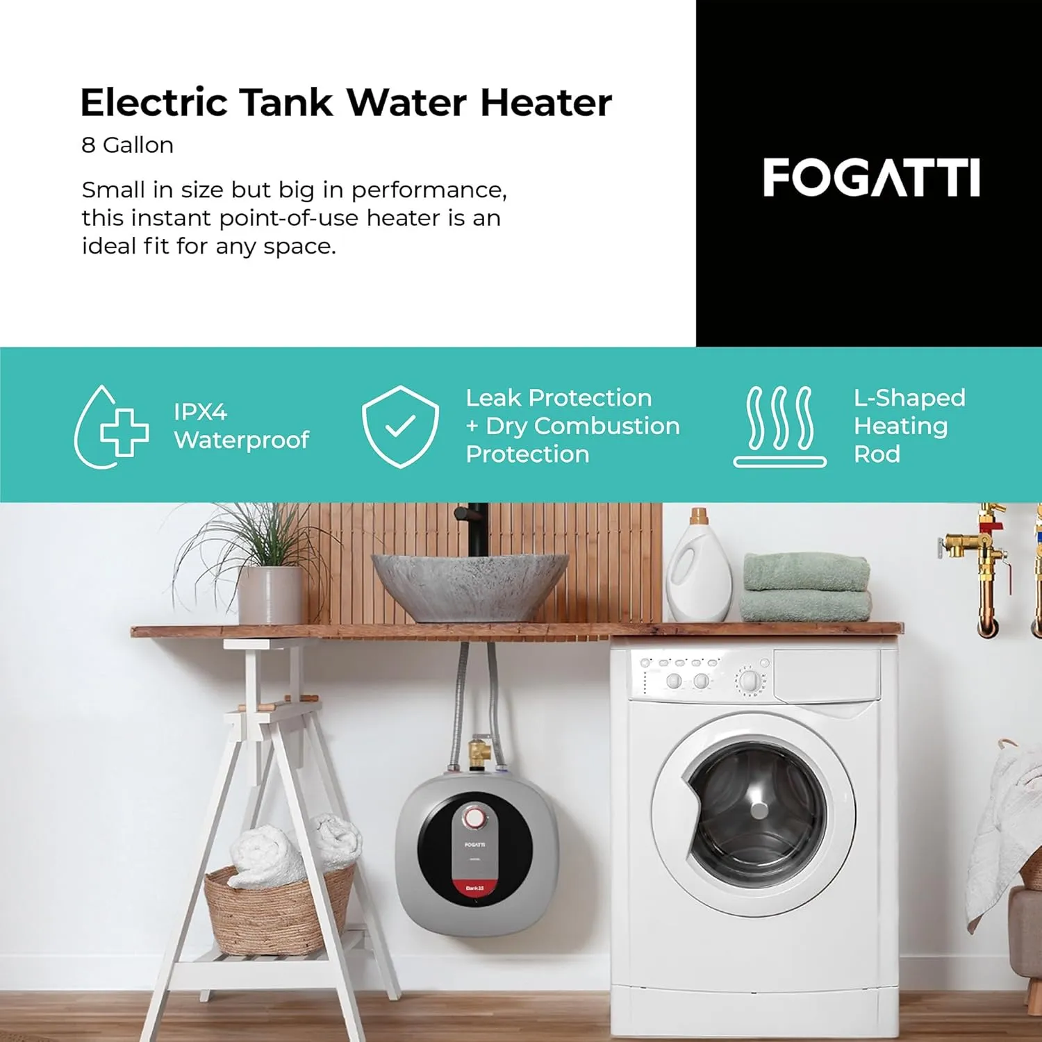 FOGATTI Electric Tank Water Heater, 8.0 Gallon Point of Use Instant Hot Water Heater 120V 1440W, Wall or Floor Mounted, Easy to Install