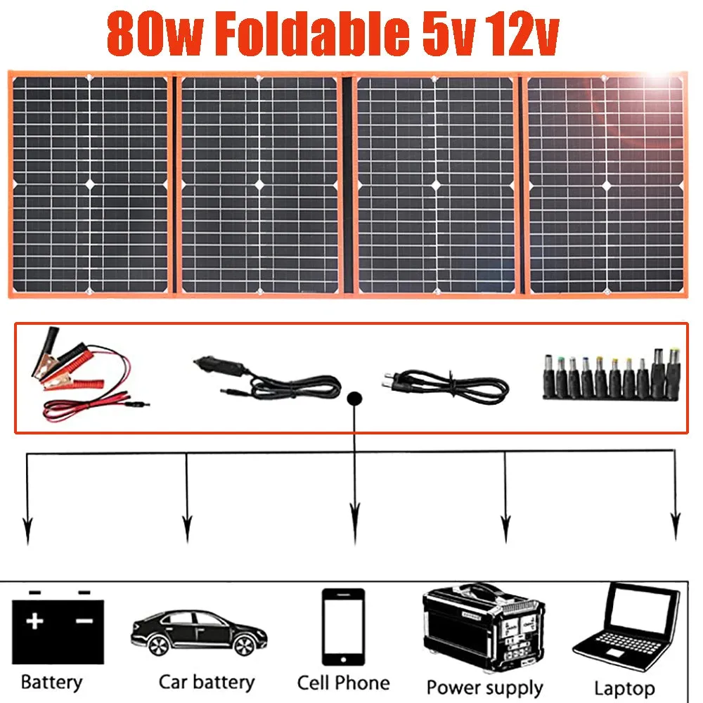 Foldable Solar Panel Portable Solar Charger 12V Battery Power Station 5V USB Mobile Phone Power Bank Laptop Camper Hiking 60W