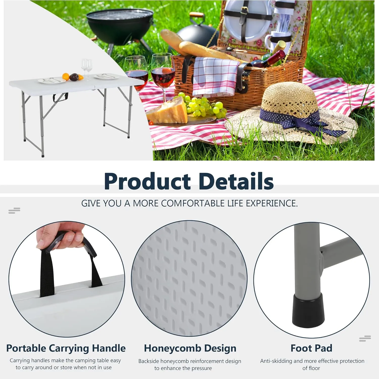 Folding 4Ft Dining & Party Table - Portable, Lightweight, Perfect for Outdoors, Camping & Beach