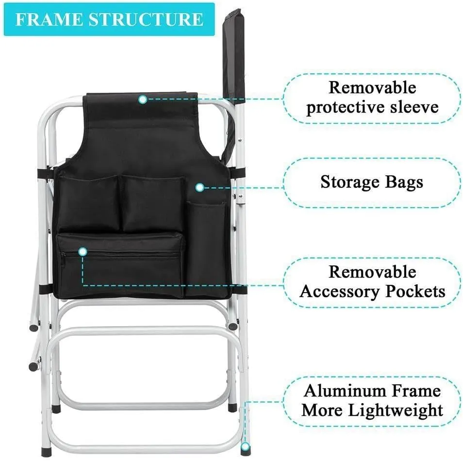 Folding Camping Chairs Heavy Duty Directors Chair with Side Table Black
