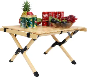 Folding Camping Table, Portable Picnic Table, Natural Beech Wood Camping Table with X-Frame Design, Low Height Foldable Table, for Indoor & Outdoor Party, BBQ and Hiking