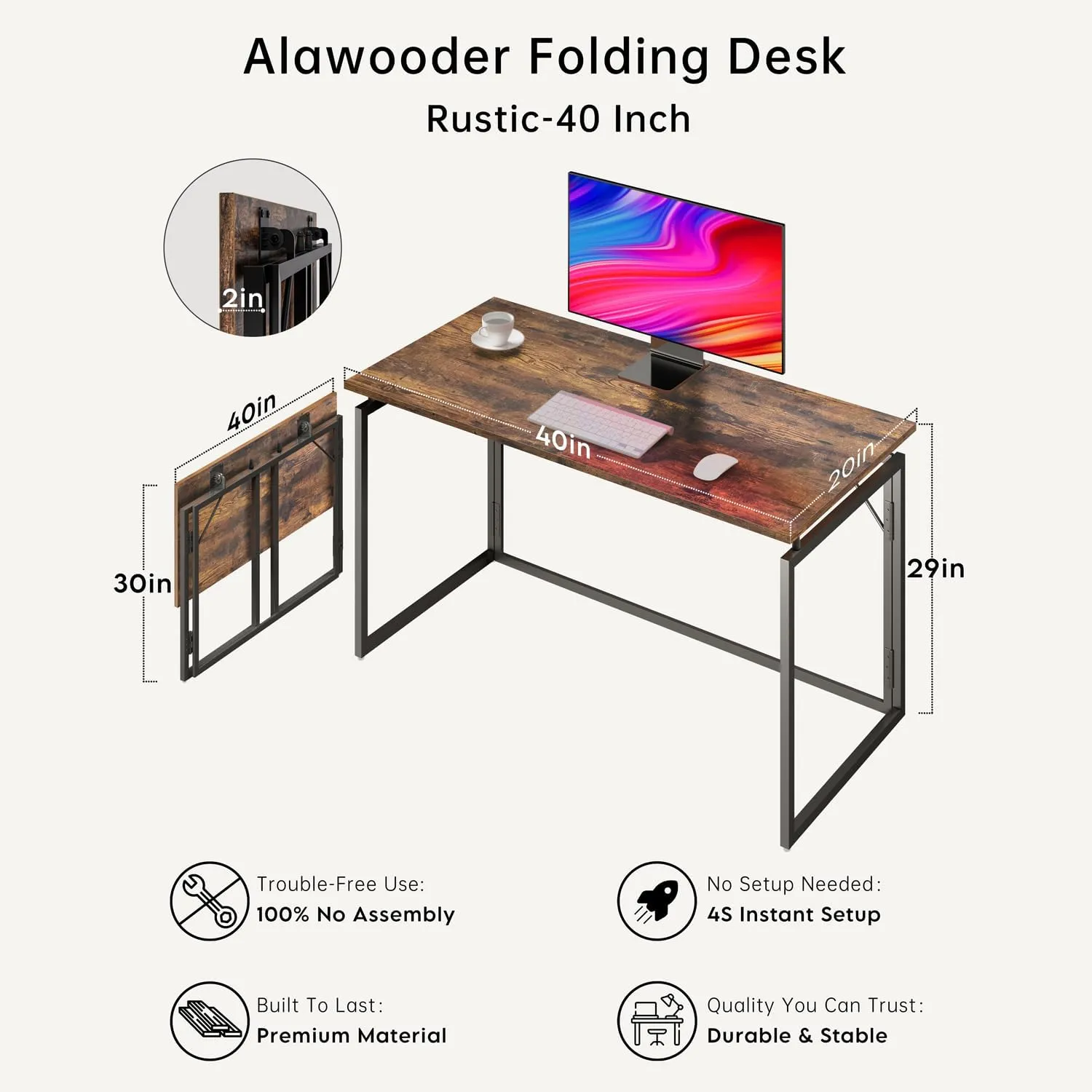 Folding Desk 40 Inch - No Assembly Small Foldable Desk for Small Space Minimalist, Space Saving Collapsible Compact Desks Portable Table for Craft, Writing, Study and Work