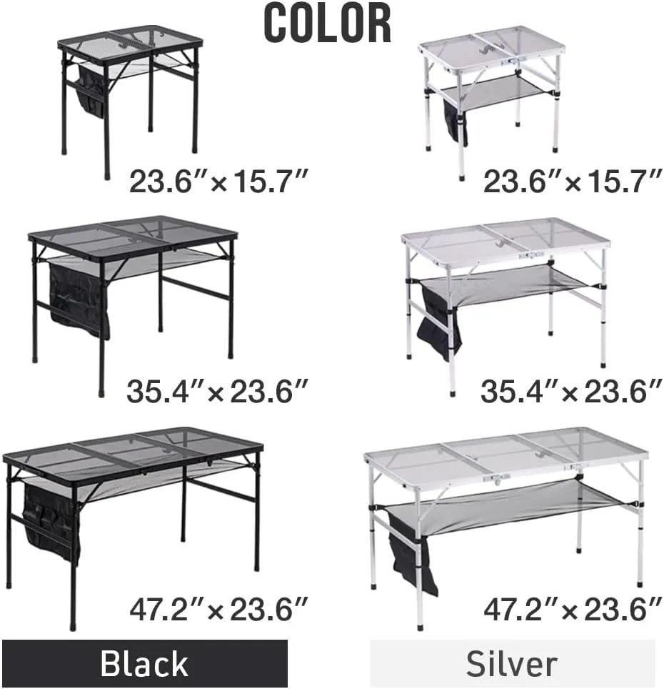 Folding Grill Table, 3 x 2 FT Lightweight Height Adjustable Aluminum Table with Mesh Desktop and Mesh Bag for Outdoor Camping Picnic BBQ (Silver, Medium (35" x 23"))