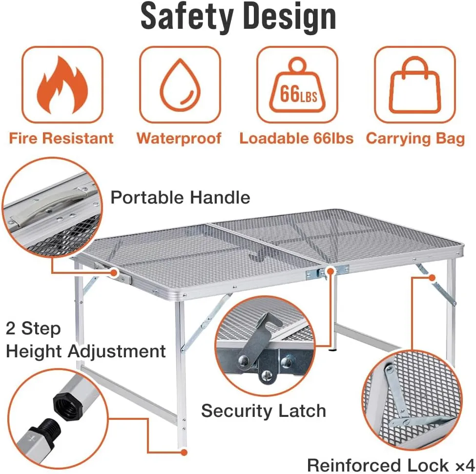 Folding Grill Table, 3 x 2 FT Lightweight Height Adjustable Aluminum Table with Mesh Desktop and Mesh Bag for Outdoor Camping Picnic BBQ (Silver, Medium (35" x 23"))