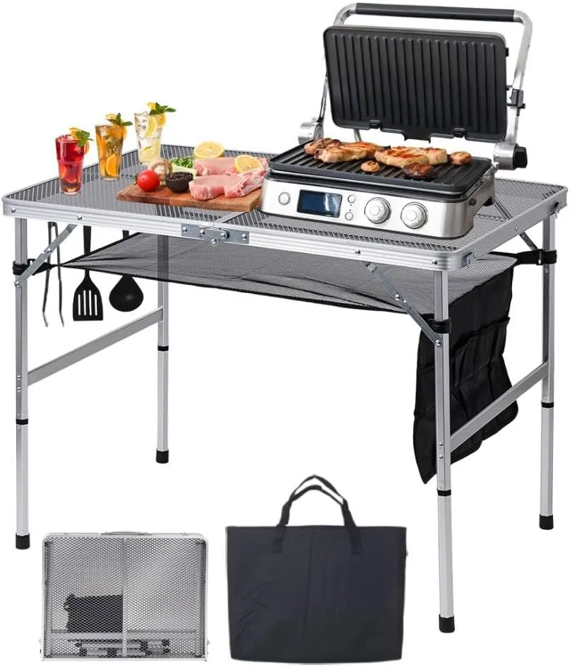 Folding Grill Table, 3 x 2 FT Lightweight Height Adjustable Aluminum Table with Mesh Desktop and Mesh Bag for Outdoor Camping Picnic BBQ (Silver, Medium (35" x 23"))