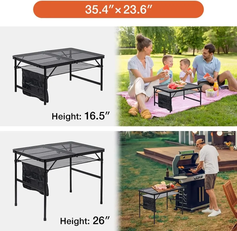 Folding Grill Table, 3 x 2 FT Lightweight Height Adjustable Aluminum Table with Mesh Desktop and Mesh Bag for Outdoor Camping Picnic BBQ (Silver, Medium (35" x 23"))