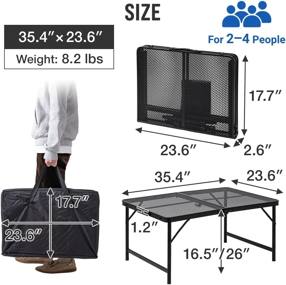 Folding Grill Table, 3 x 2 FT Lightweight Height Adjustable Aluminum Table with Mesh Desktop and Mesh Bag for Outdoor Camping Picnic BBQ (Silver, Medium (35" x 23"))