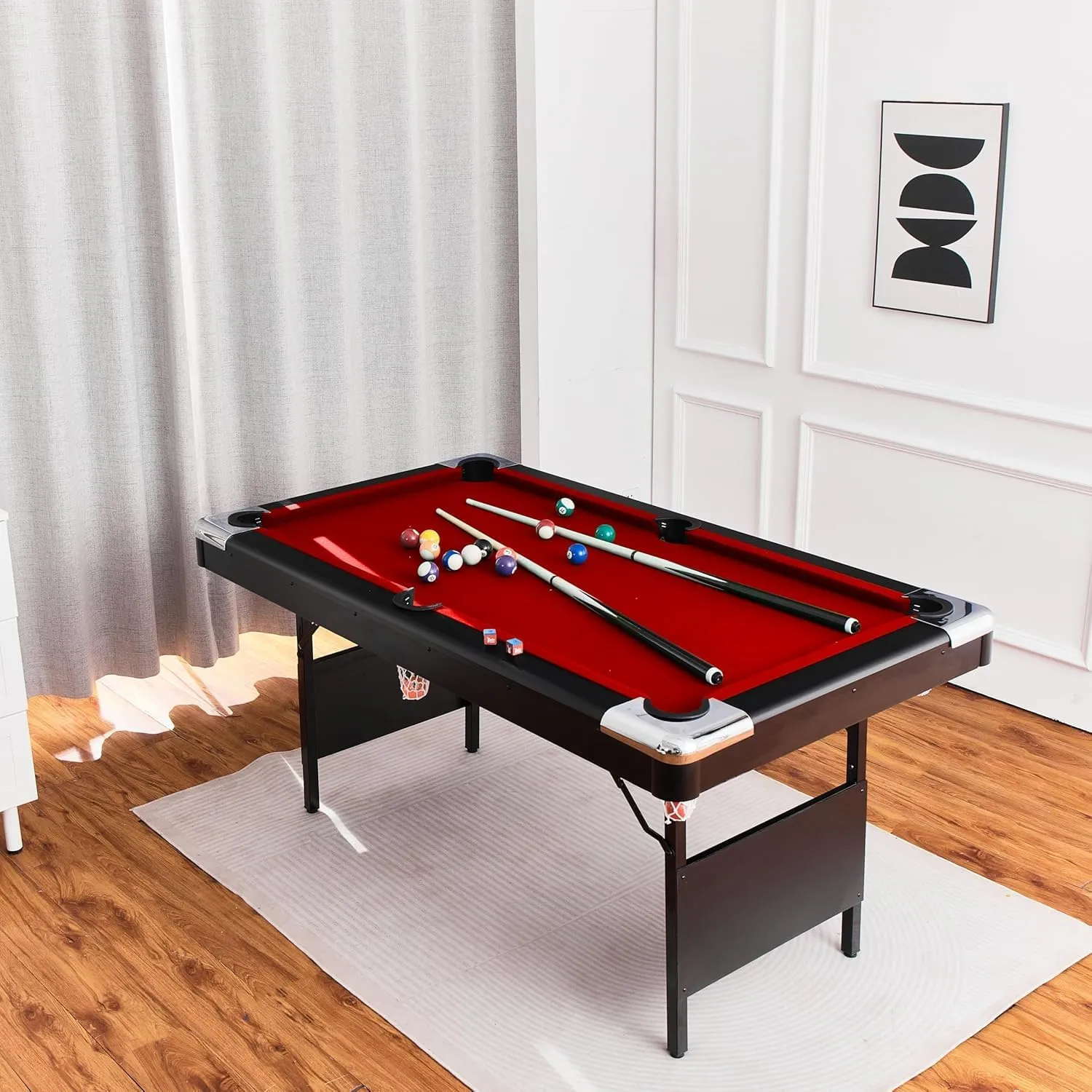 Folding Multi-Game Portable Playing Set - 5.5, 6, or 7 ft. Billiard Table with Cues, Balls, Chalks, and Brush - Bil specifics