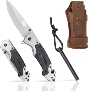 Folding Pocket Knife for Men with Fire Starter and Leather Belt Pouch - Emergency Tool Seatbelt Cutter, Glass Breaker, Magnesium Flint - Best for Camping, Hiking, Hunting (Brown)