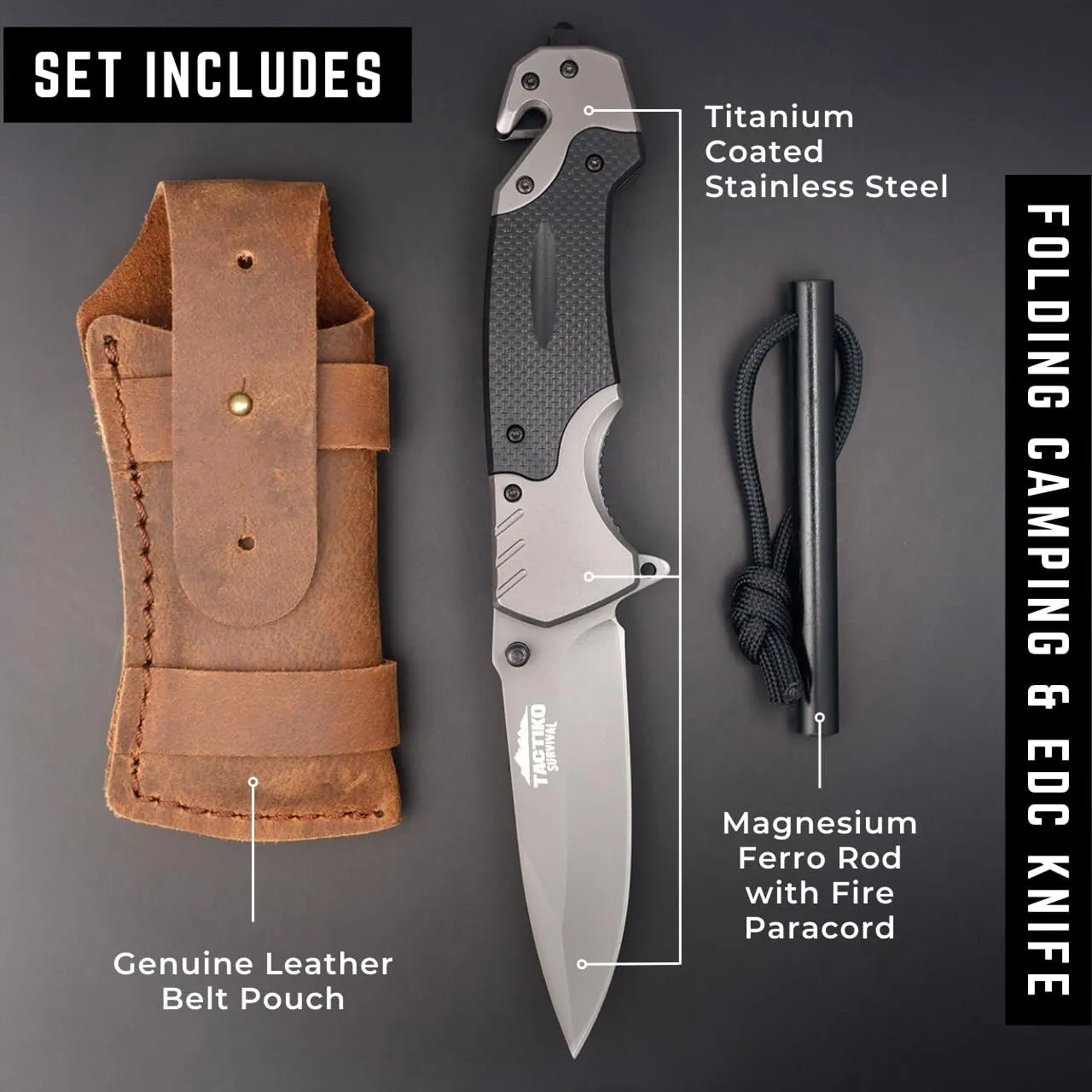 Folding Pocket Knife for Men with Fire Starter and Leather Belt Pouch - Emergency Tool Seatbelt Cutter, Glass Breaker, Magnesium Flint - Best for Camping, Hiking, Hunting (Brown)