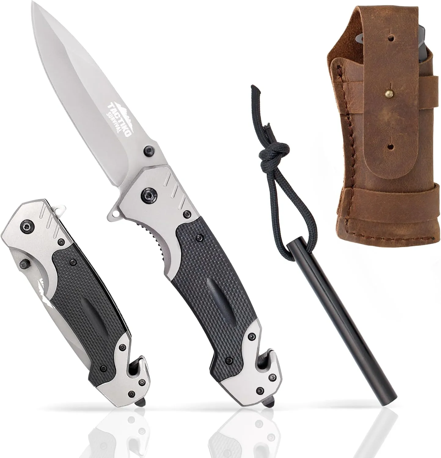 Folding Pocket Knife for Men with Fire Starter and Leather Belt Pouch - Emergency Tool Seatbelt Cutter, Glass Breaker, Magnesium Flint - Best for Camping, Hiking, Hunting (Brown)