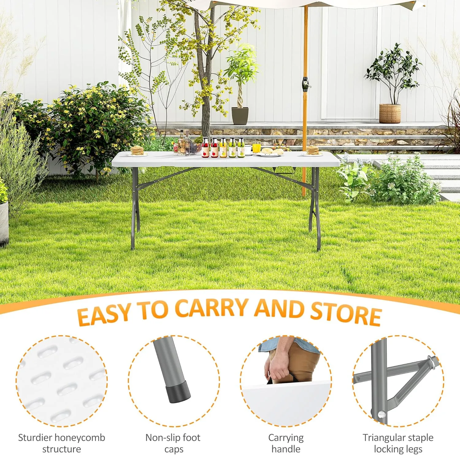 Folding Table 6ft with Carrying Handle - Portable Plastic Fold in Half Table with Safety Locks, Heavy Duty Plastic Foldable Table for Party, Picnic, Camping, Dining (White-A, 6FT)